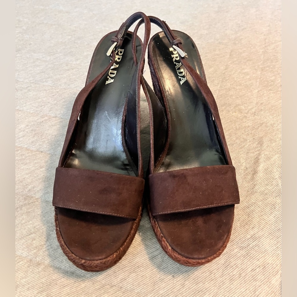 PRADA EU 37 US 7 Brown Suede Sling Back Espadrille Wedge Shoes Orig $1150 - Picture 8 of 11